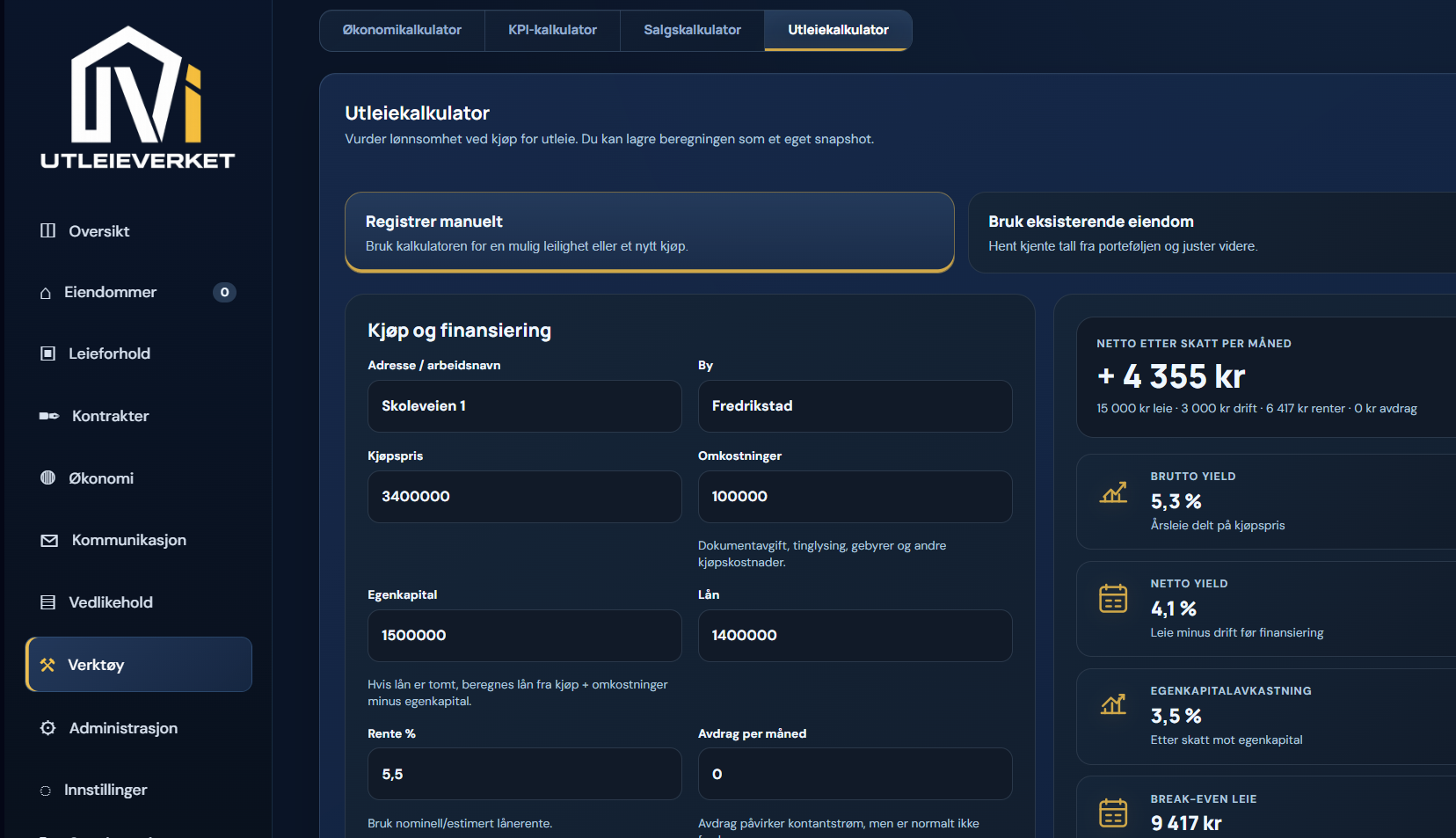 Utleieverket utleiekalkulator med kjøp, finansiering og avkastningsberegninger