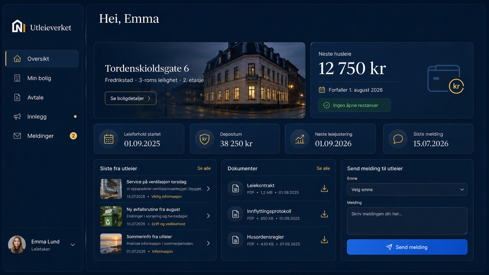 Faktisk produktbilde av leietakerportalen med bolig, husleie, dokumenter, meldinger og saker